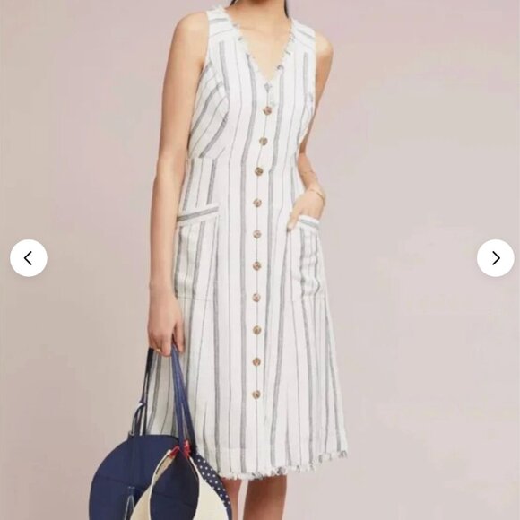 Anthropologie Maeve textured striped linen midi shirt dress 4P - Picture 2 of 4
